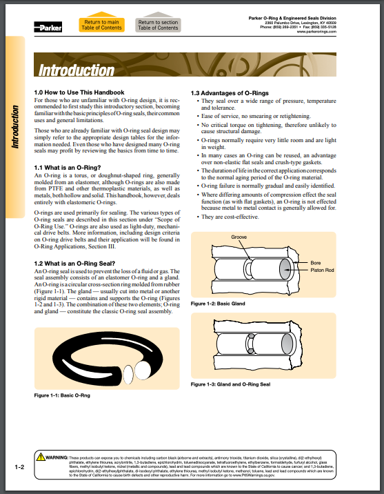 Parker O-ring Handbook Intrroduction On these pages, you will find information about the properties of basic sealing elastomers, as well as examples of typical o-ring applications, fundamentals of static and dynamic seal design and o-ring failure modes.