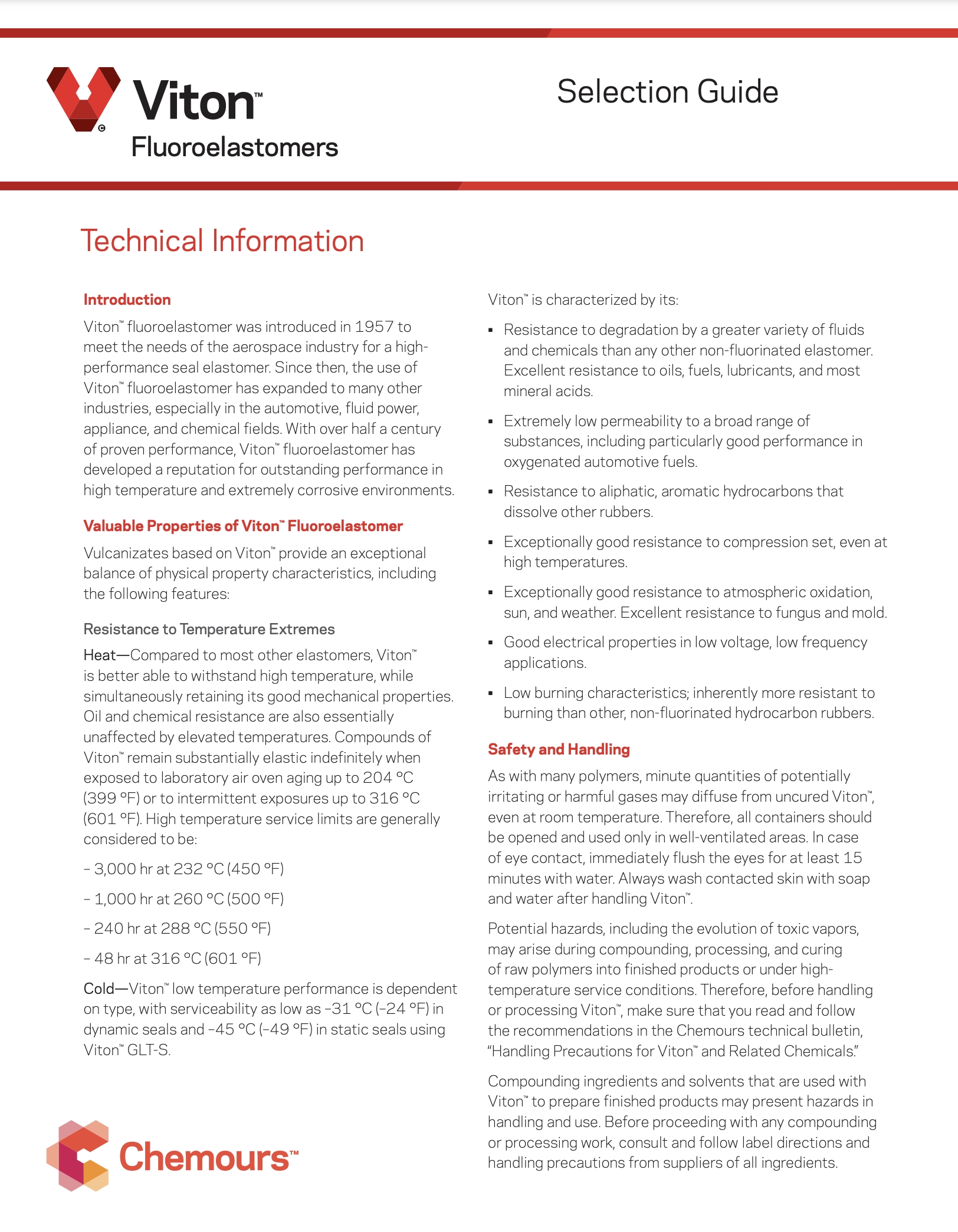 Page one of Viton Fluoroelastomer Selection Guide