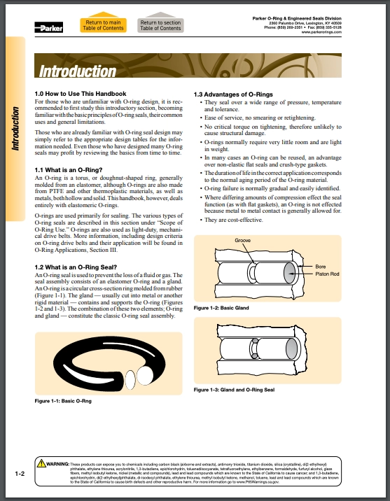 Parker-O-ring-Handbook-Intrroduction On these pages, you will find information about the properties of basic sealing elastomers, as well as examples of typical o-ring applications, fundamentals of static and dynamic seal design and o-ring failure modes.